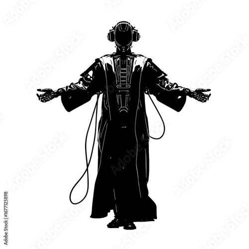 Mystic Machine Cult - Techno Priest Silhouette, Black and White Cyber Monk Icon for Branding, Badges, Merchandise