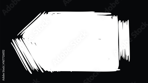 Minimalist abstract design with white shape and black brush strokes on dark background. Modern graphic composition with strong contrast.