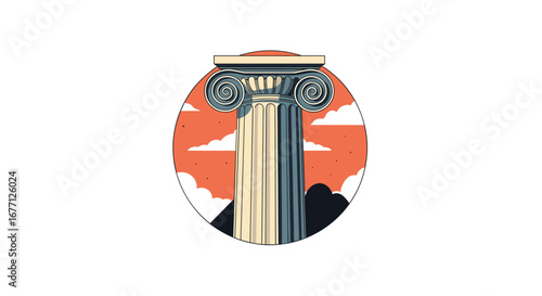 Majestic ionic column stands tall against dramatic sunset sky with clouds and mountains