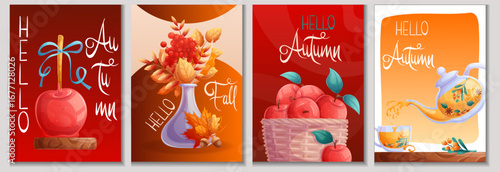 A set of greeting card templates with a bouquet of autumn leaves, apples, sea buckthorn tea. Happy Thanksgiving day. Vector illustration for seasonal design of postcards, banners, posters, promotions