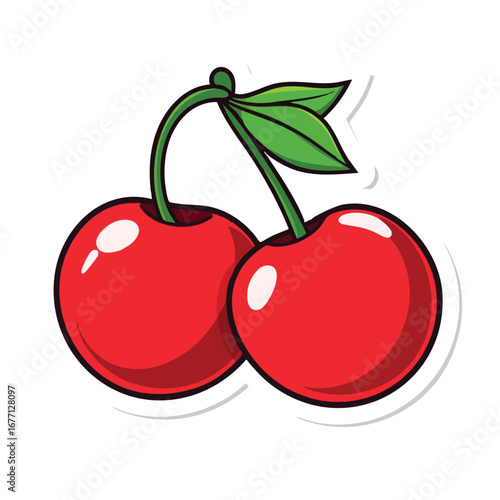 A pair of red cherries on a stem cartoon sticker