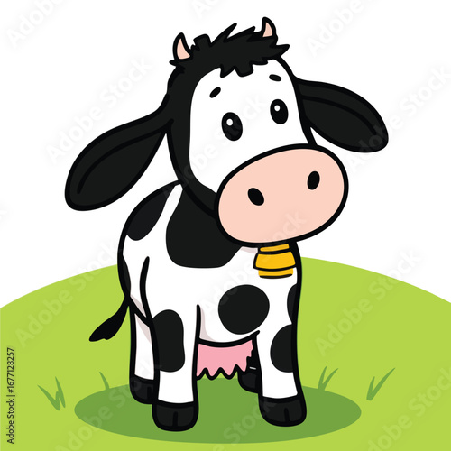 A black and white cow with a bell farm animal