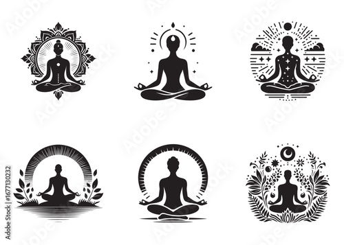 meditation and yoga logo design silhouette vector, yoga logo icon design silhouette vector, black silhouette logo yoga, yoga pose silhouette vector logo on white background