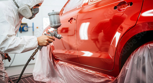 Auto Body Repair: Red Car Painting in Protective Gear