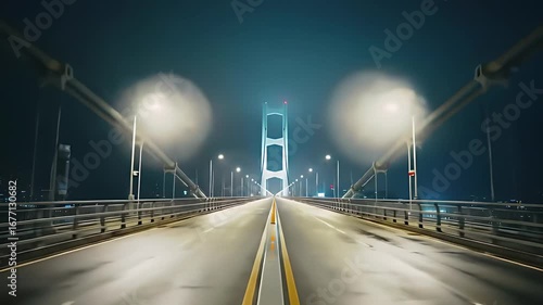 Looking down a perfectly symmetrical, empty suspension bridge at night, cables and lights create a beautiful repeating pattern in the distance.