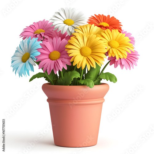 Colorful daisy flowers in clay pot, vibrant petals, cheerful mood, green leaves, white background
