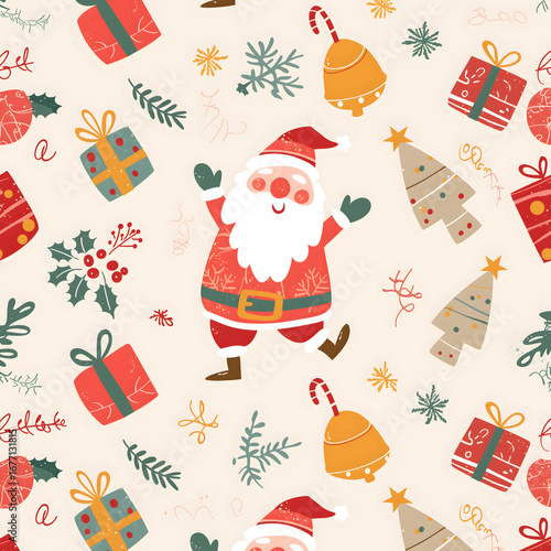 Charming Christmas background with cute Santa characters and gift boxes