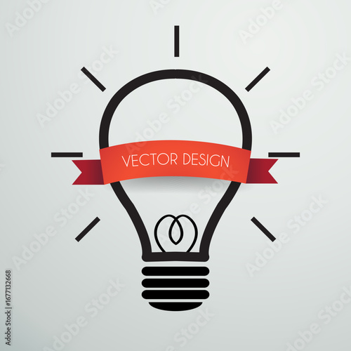 Vector Design or Logo Concept with a Black Outline Light Bulb, an Internal Filament Heart Shape, and a Red Ribbon Banner Across the Middle