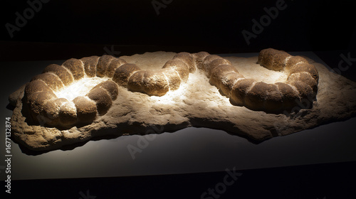 A fossilized two-headed serpent emerging dramatically from stone under museum lighting, evoking ancient mysteries.