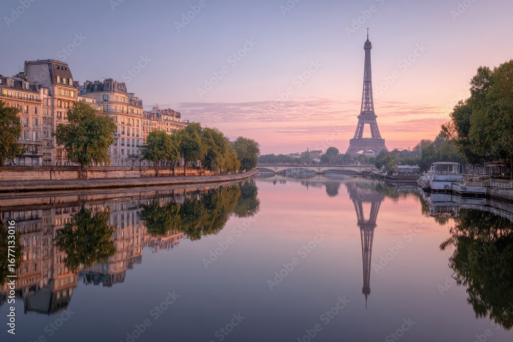 Naklejka premium Parisian riverfront at dawn, Eiffel Tower reflected