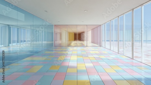 Pastel-colored, spacious hallway with mirrored walls, large windows, and colorful tiled floor
