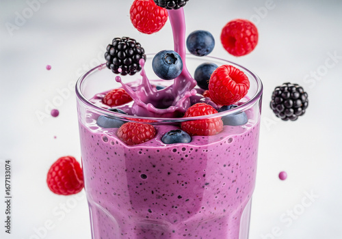 Berry smoothie splash in glass isolated on white background, healthy drink