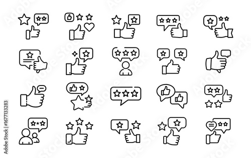 Customer feedback icons set with stars thumbs up speech bubbles and user profiles