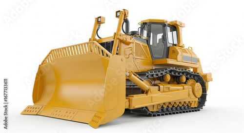 Heavy yellow bulldozer construction vehicle with a large front blade, industrial machinery concept, isolated transparent background.