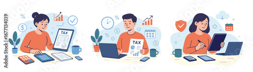 Tax Preparation Set. People Working on Tax Documents, Accounting and Financial Analysis with Laptop, Calculator, and Charts for Business and Money Management. Flat Style Vector Illustration.