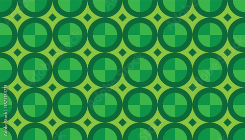 Seamless green geometric circle pattern with abstract square divisions and modern eco-friendly style