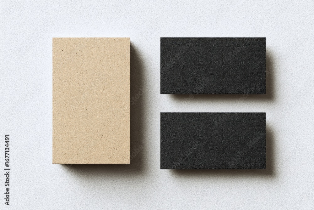 Fototapeta premium Two blank business cards, one beige, one black, on a white surface