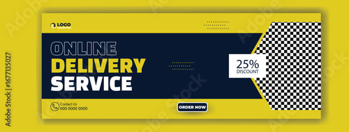 Modern online delivery service advertisement with discount offer and package on a doorstep