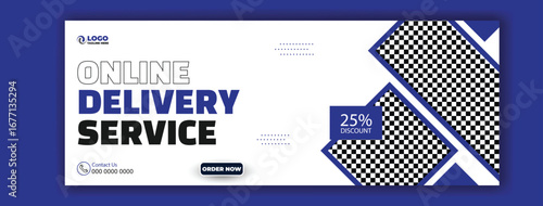 Modern online delivery service advertisement featuring happy customers and discount offer
