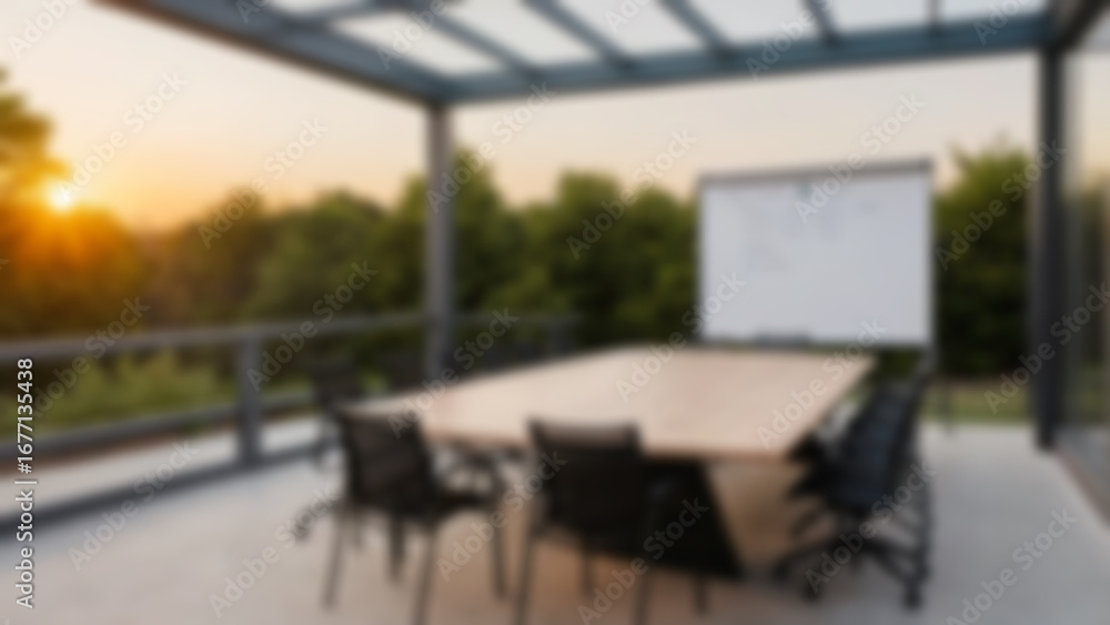 Obraz premium Outdoor meeting room interior with wooden meeting table, large whiteboard, outdoor theme, evergreen, blur wallpaper.