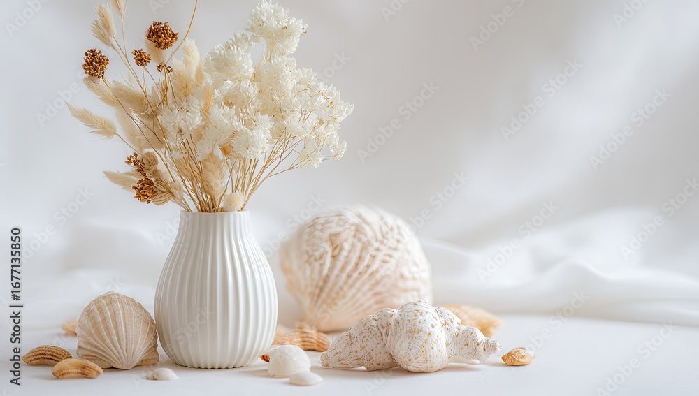 Obraz premium Delicate, dried flowers and seashells in a white vase, soft lighting