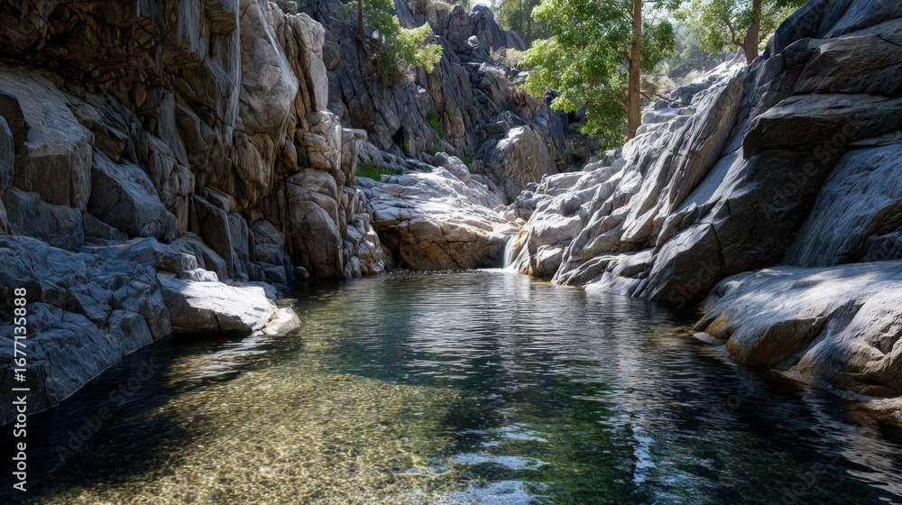 Fototapeta premium Serene pool nestled within a rocky canyon, reflecting the surrounding nature.