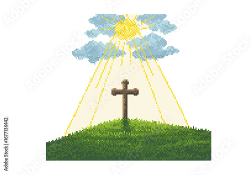Peaceful Cross on a Hilltop Bathed in Sunlight.