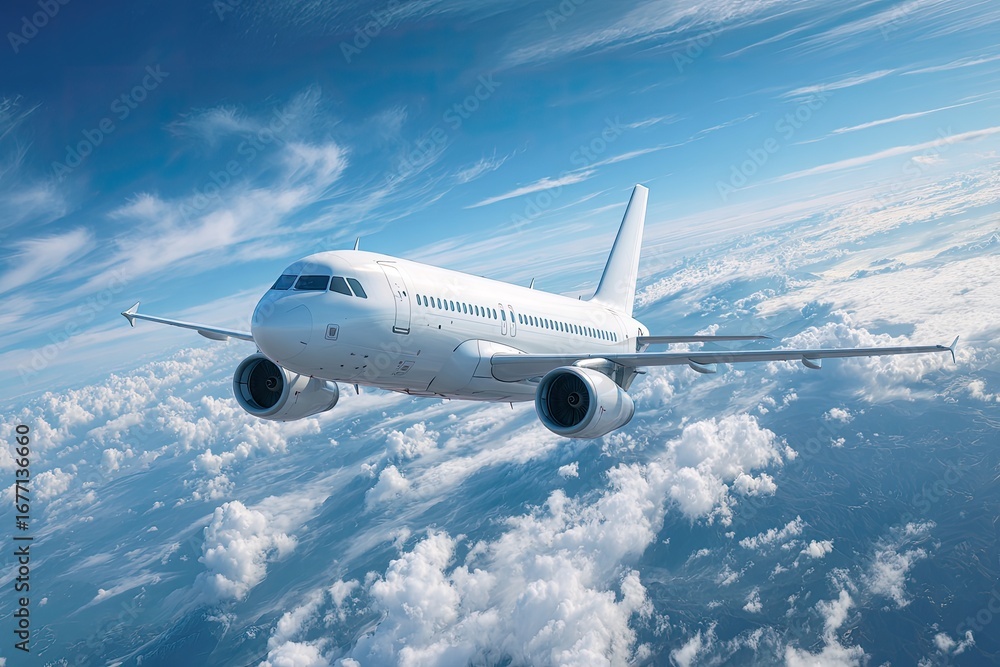 Naklejka premium White jetliner soaring above fluffy clouds and a mountain range