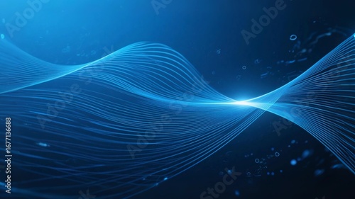 Deep sea blue business background, technological distortion of thin lines, integrated with a beam of light