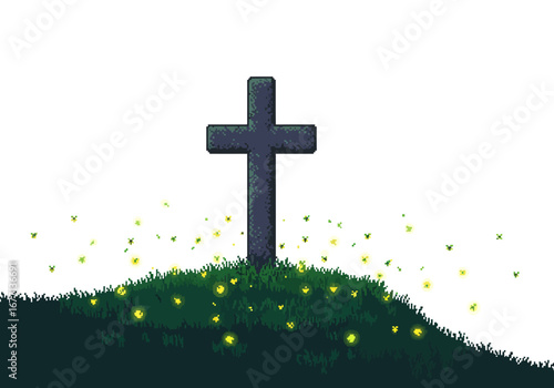 Cross on Grassy Hill with Fireflies.