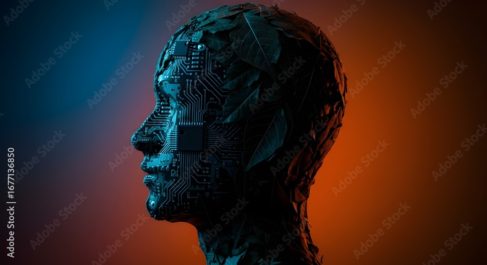 Obraz premium Futuristic Cybernetic Human Head with Circuitry and Gradient Lighting, copy space for technological concept 