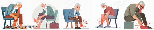 Flat Style Diverse Senior Man Suffering Body Pain Aches and Illness Illustration