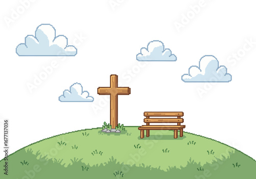 Peaceful Religious Scene: Cross and Bench on Hill.