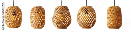 Panel kuchenny z motywem Five light beige pendant lamps with a patterned, woven design