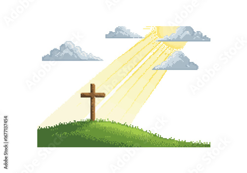 Sunlight Beams on Cross atop Hill.