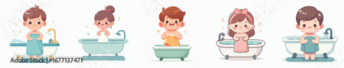 Cute Cartoon Diverse Children Taking Bath with Towel Illustration Set