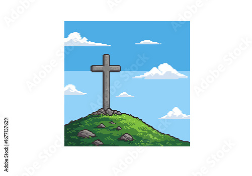 Cross on a Hilltop Under a Blue Sky.