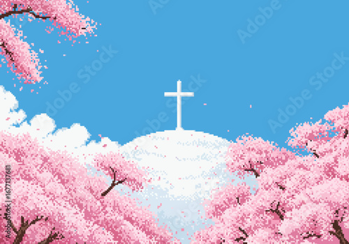 White Cross on Hilltop Amidst Cherry Blossoms.