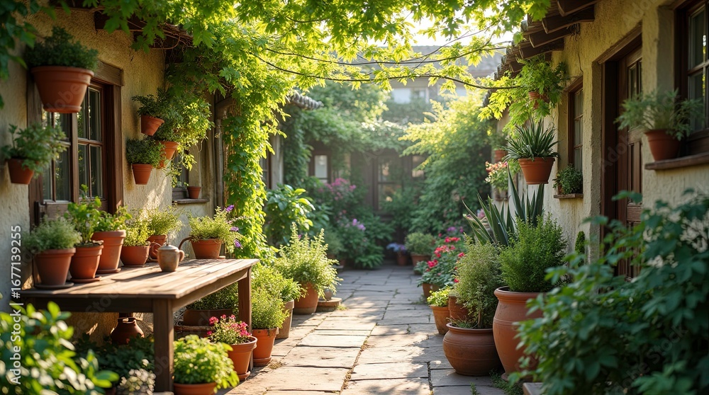 Fototapeta premium A cozy and modern interior home, featuring a lush variety of plants with a view of the sunny day and sky, captured in a bright and vibrant photo from inside.