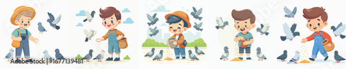 Cartoon Illustration Young Boy Feeding Doves and Pigeons Wildlife Illustration