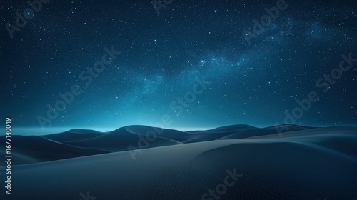 A serene desert landscape under a starry night sky, showcasing rolling dunes and a tranquil atmosphere illuminated by celestial light.