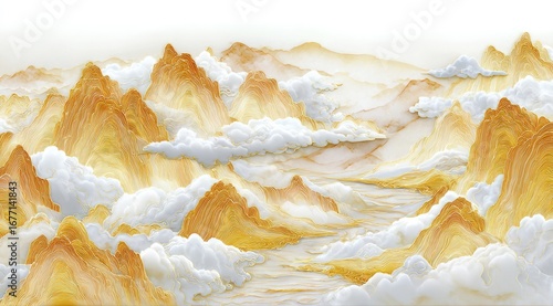 Golden mountains, layered clouds, landscape art