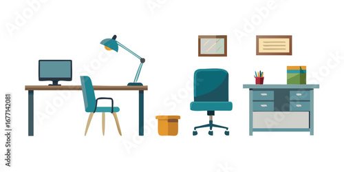 Illustration of a contemporary office setup with desk, chair, computer, and lamp suitable for depicting work environments and office spaces