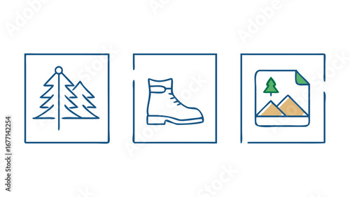 Illustration of outdoor and adventure icons, featuring a pine tree, hiking boot, and mountain landscape in a square frame, representing travel and exploration