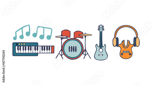 Illustration of musical instruments including keyboard, drum set, guitar, and headphones, accompanied by musical notes, perfect for musicthemed designs