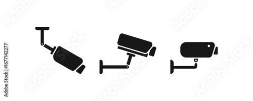CCTV camera vector set. Security surveillance icons in modern flat design, including wall mounted and outdoor cameras. Perfect for safety system, monitoring, smart home, and protection illustrations
