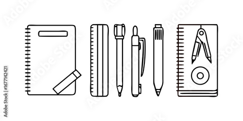 Vector art of black and white illustration of school and office supplies including notebook, ruler, pen, compass, perfect for educational or business related designs