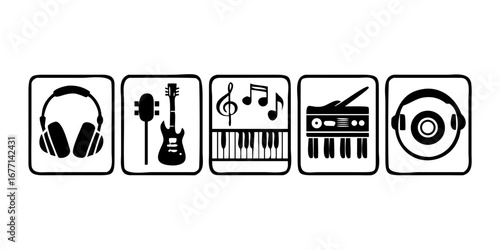 Vector art of black and white icons of musical instruments including headphones, guitar, keyboard, and musical notes, arranged in square frames, perfect for music apps
