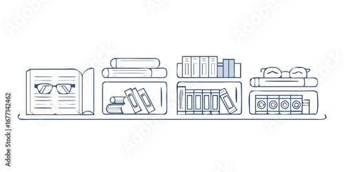Vector art of bookshelves with books and glasses a minimalist line art illustration of knowledge, education, and reading for libraries, schools, and academic pursuits