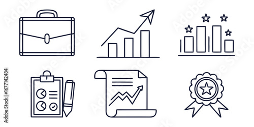 Vector art of business success and achievement icons set featuring a briefcase, growth chart, laptop, clipboard, target with arrow, and award ribbon in a minimalist outline style